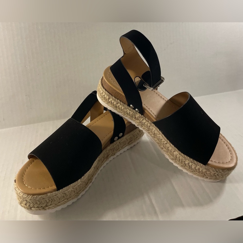 New Soda Black Suede Ankle Strap Espadrilles Wedge Sandal, Size 8.5